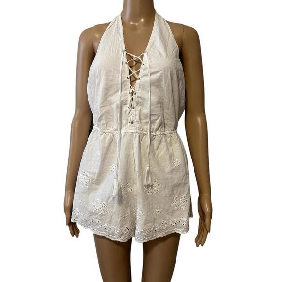 Chic White Lace-Up Halter Romper - Picture 2 of 5